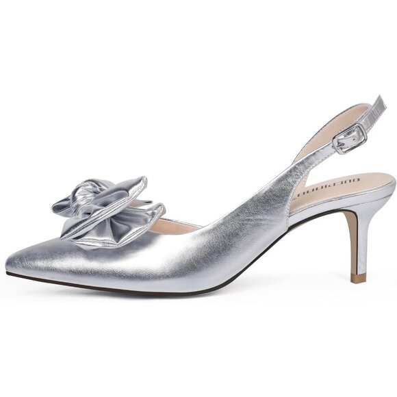 Women Silver Slingback Kitten Heels Pointed Closed Toe Low Heel with Buckle - Picture 2 of 6